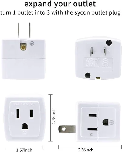 Vista 3 de SYCON Extensor de salida adaptador, mini enchufe de pared de 2 clavijas a 3 clavijas, divisor de salida múltiple con 3 tomas de corriente