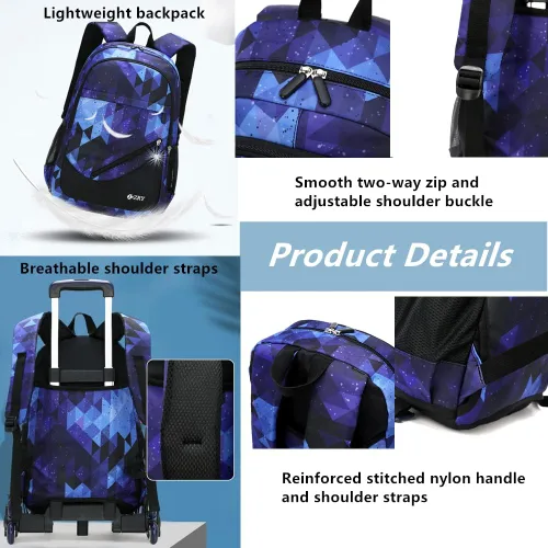 Vista 6 de Juego de mochila escolar con ruedas para niños de 3 piezas, NegroAzul Cielo Estrellado