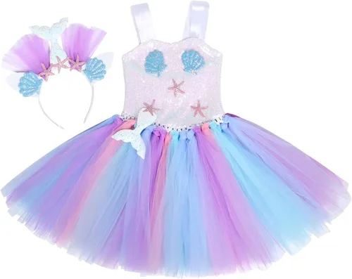 Vista 4 de Jurebecia Princess Mermaid Tutu Dress Girls Sequins Mermaid Outfits Halloween Costume Birthday Party Cosplay Holiday Dress Up