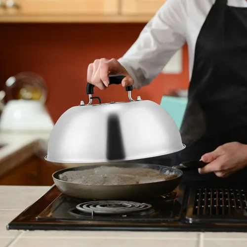 Vista 8 de Leonyo Juego de 2 cúpula para derretir queso, acero inoxidable redondo de 12 pulgadas con ventilación ajustable, tapa profesional de cúpula