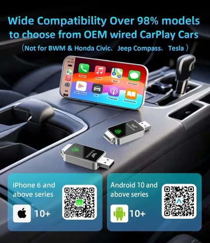 Vista 5 de Mini adaptador inalámbrico Carplay para iPhone de Apple, convierte adaptador de juego de coche con cable a inalámbrico, CarPlay Dongle Stick