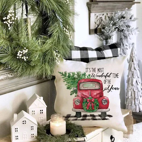 Vista 5 de CARRIE HOME Fundas de almohada navideñas de 18 x 18 pulgadas, paquete de 2 fundas de almohada rústicas de Navidad de camión rojo para decoraciones
