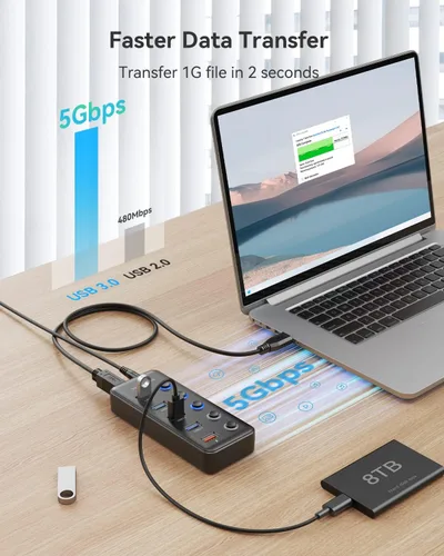 Vista 2 de Wenter Hub USB 3.0 con 5 puertos USB 3.0 (4 puertos de transferencia de datos + 1 puerto de carga inteligente) con interruptores LED individuales
