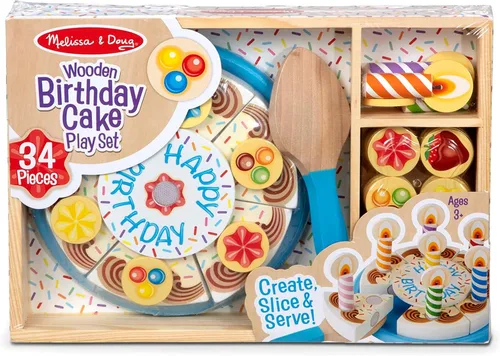 Vista 7 de Melissa & Doug, pastel de fiesta de cumpleaños, juego con alimentos, mezclar y combinar, decoraciones para pastel y 7 velas