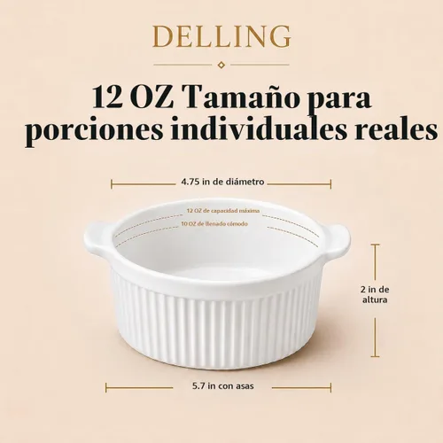 Vista 2 de Delling Ramequines con asa, paquete de 6 cuencos de sopa para sopa de cebolla francesa, pastel de olla, pasteles de lava, crema brulee, plato