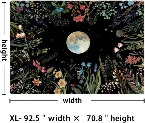 Vista 7 de Amhokhui Tapiz de jardín iluminado por la luna, tapiz bohemio de luna, tapiz floral de flores, tapices de plantas coloridas, tapices negros