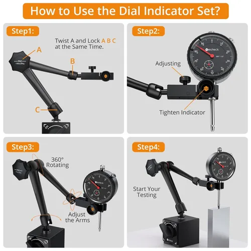 Vista 5 de Neoteck 0-1"/0.001" Dial Indicator and 176lbs (80kg) Max Pull Magnetic Base Calibre de descentralización con caja de almacenamiento, calibre de dial