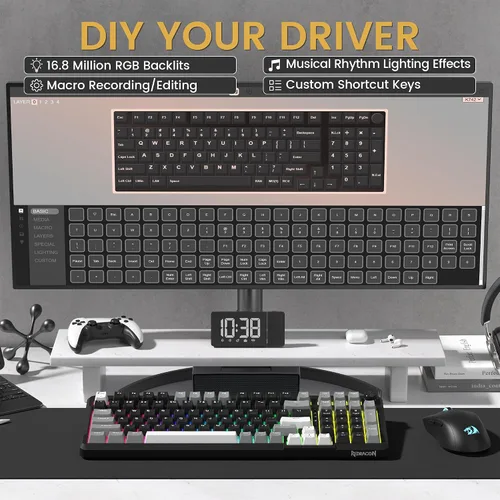 Vista 4 de Redragon K742 Teclado Mecánico Inalámbrico para Juegos con Perilla, Bluetooth 5.0/2.4GHz/USB C Teclado Cableado Cremoso con Teclado Numérico