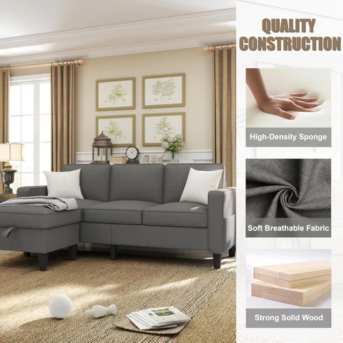 Vista 5 de ZeeFu Sofá para sala de estar – Sofá seccional en forma de L de lino beige de 78 pulgadas con otomana de almacenamiento – Moderno sofá tapizado