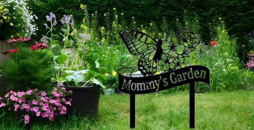 Vista 4 de Letreros de jardín personalizados con flores y mariposas, arte de metal para patio, estaca de jardín, letrero de metal, decoración de césped