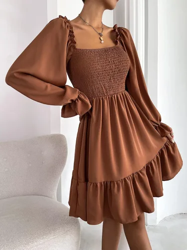 Vista 5 de MakeMeChic Vestido corto de manga larga con volantes y cuello cuadrado para mujer