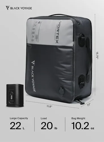 Vista 9 de Black Voyage - Bolsa de viaje reutilizable de compresión al vacío para maleta de mano y mochila, reciclada, impermeable IP67, ahorro de espacio Gris