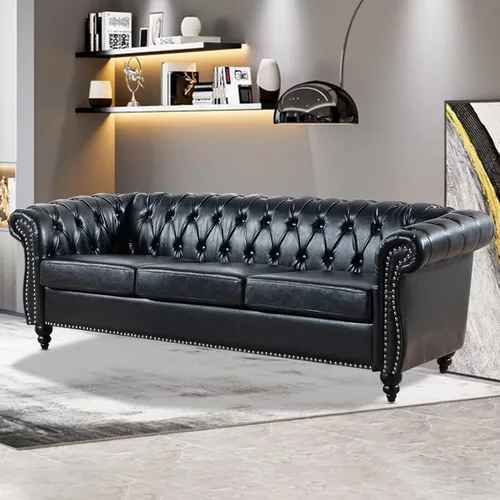 Vista 8 de Chesterfield Sofás para sala de estar, brazo enrollado negro de 3 plazas, cuero sintético de 84 pulgadas, sofá grande con botón profundo con cabeza