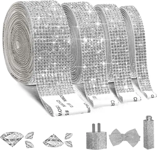 Vista 13 de 4 rollos de cinta autoadhesiva con diamantes de imitación, cinta de diamantes bling con pegatinas de 2 mm para manualidades, bodas, cumpleaños