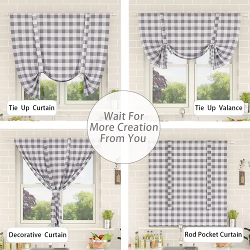 Vista 172 de Cenefas de cortina para ventana de 16 pulgadas de largo, 2 paneles de cuadros búfalo, cortinas pequeñas con bolsillo para barra, estilo clásico