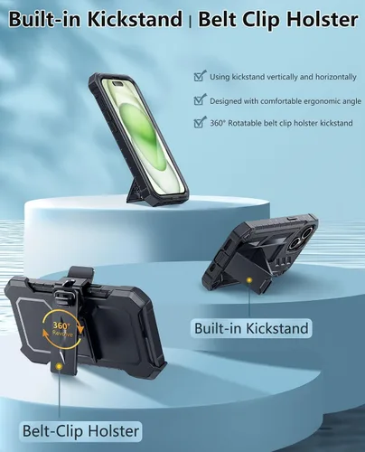 Vista 5 de FNTCASE Funda para iPhone 15: para iPhone 14, 13 y 16e, funda militar a prueba de golpes, funda resistente para teléfono celular con soporte y funda