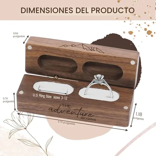 Vista 5 de Caja de madera grabada con 2 anillos para boda, caja de almacenamiento rectangular de madera maciza rústica vintage