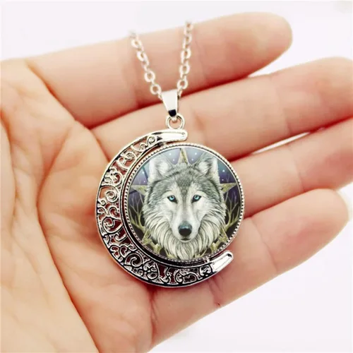 Vista 4 de DEQIYIJI Wolf Gifts - Collar con colgante de cabeza de lobo celta para mujeres, hombres, adolescentes, niñas, niños, media luna