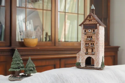 Vista 5 de Colección de casas y pueblos de cerámica - Decoración de habitación hecha a mano Arte de cerámica Portavelas Portavelas miniatura Light House Dolder
