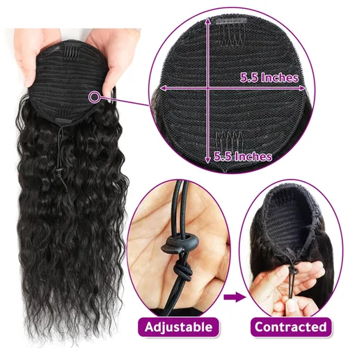 Vista 4 de Extensiones de cola de caballo de cabello humano lacio/rizado/rizado liso, color 1B, degradado 1B/30, cordón/cola de caballo envolvente