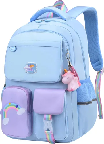 Vista 2 de Mochila escolar de unicornio para niños y niñas, bolsa escolar casual, duradera, ligera, bolsas de viaje, Azul, Unicornio arcoíris