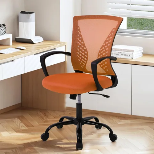 Vista 9 de Silla de oficina de malla con ruedas, silla de escritorio ergonómica de respaldo medio con brazos y soporte lumbar, cómoda silla de computadora
