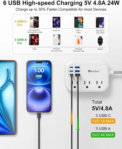 Vista 2 de Beeiker Cable de Extensión Corto de 1 Pie - Tira de Alimentación de 6 USB (3 USB C) para Viajes con Estación de Carga USB de 24W y 3 Tomas, Cable