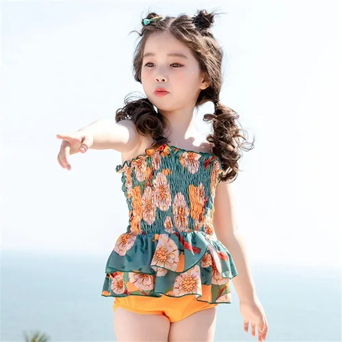 Vista 2 de Traje de baño con volantes para niñas (naranja, 2-3 años)