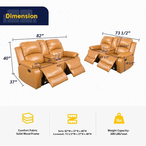 Vista 2 de Beverly Fine Furniture Alpine - Juego de sillón reclinable para sala de estar, sofá de dos piezas, color jengibre