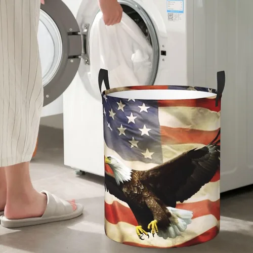Vista 7 de Cesta circular con estampado de bandera estadounidense con águila moscada, impermeable, cesta organizadora de lavandería, con asas, para ropa