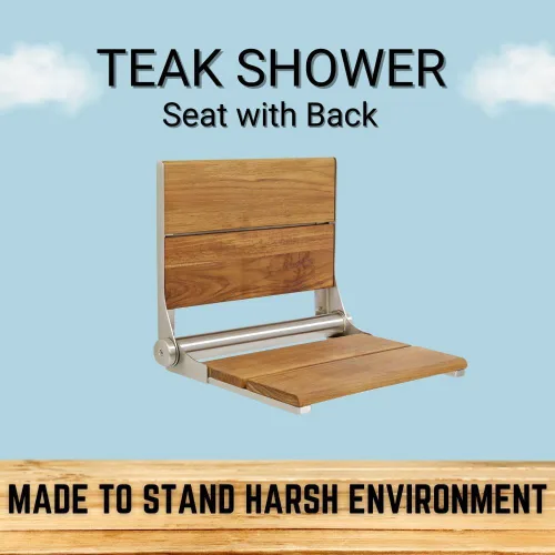 Vista 5 de Asiento de ducha plegable montado en la pared con respaldo Capacidad de carga máxima de 500 libras Asiento de ducha de teca compatible con ADA