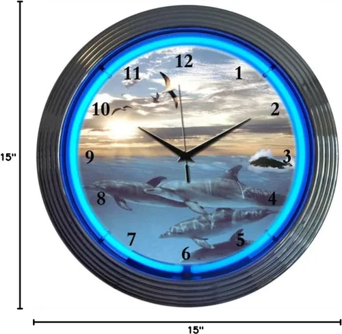 Vista 2 de Neonetics Reloj de pared de neón con diseño de delfines en el mar, para bar y sala de juegos, 15 pulgadas