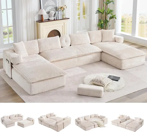 Vista 24 de Sofá grande sin hueso de 125 pulgadas con diván, moderno sofá modular con asiento profundo, sofá tapizado de pana en forma de U para sala de estar
