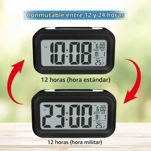 Vista 4 de Reloj despertador digital con temperatura interior, funciona con pilas, modelo con función de repetición, pantalla de 12/24H para dormitorios Negro