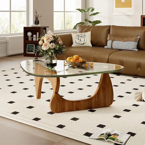 Vista 6 de Mesa de centro moderna para sala de estar, mesa central negra minimalista de 35.8 pulgadas con vidrio templado triangular y patas sólidas