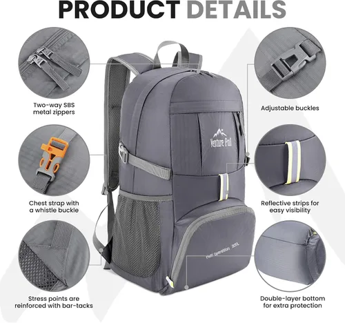 Vista 36 de Venture Pal 35L Ultraligero Ligero Plegable Plegable Viaje Camping Senderismo Deportes al aire libre Mochila Daypack