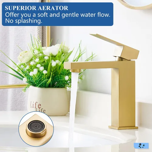Vista 2 de Tohlar Grifo de baño dorado, grifo dorado cepillado para fregadero de baño, grifo de baño dorado de un solo agujero, moderno grifo de lavabo