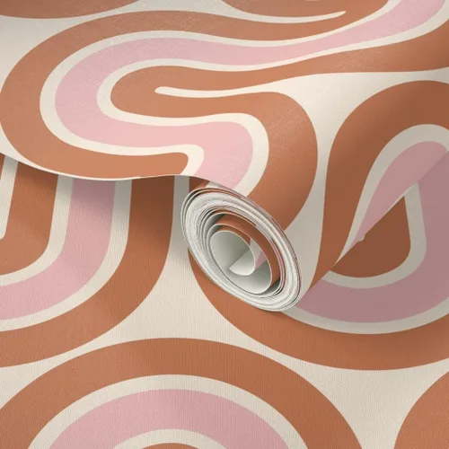 Vista 2 de Papel tapiz para despegar y pegar, diseño retro de mediados de siglo, líneas rosadas y marrones, decoración del hogar, olas, papel tapiz extraíble