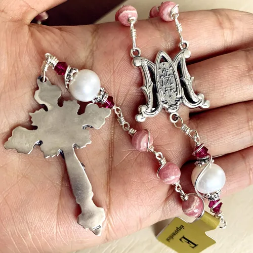 Vista 5 de elegantmedical Hecho a mano con alambre de plata de ley envuelta sin duda, rodocroita y perlas reales de 0.394 in, rosario, cruzcrucifijo, caja