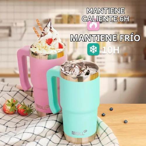 Vista 6 de Vaso de 16 onzas con asa, reutilizable, de acero inoxidable, aislado al vacío, con tapa y pajilla, para mujeres y niñas (verde manzana)