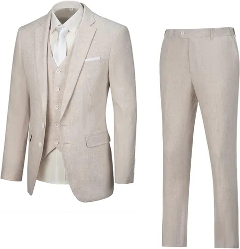 Vista 6 de Furuyal Traje de lino de 3 piezas vintage retro para boda, trajes de graduación, chaqueta ajustada, chaqueta de esmoquin para novio