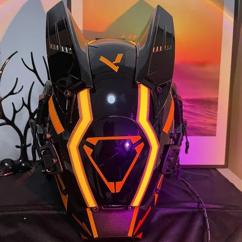 Vista 4 de pafgaf Máscara futurista Cyber Punk amarilla brillante Cyber Helmet máscara cosplay para hombres máscara tecnológica negra de cara completa Samurai