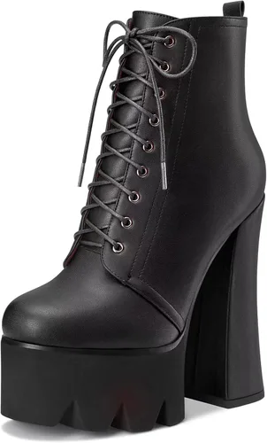 Vista 19 de HDEUOLM Botas de tobillo con tacón alto de bloque grueso para mujer, puntera redonda, botines cortos con cordones y cremallera, zapatos clásicos