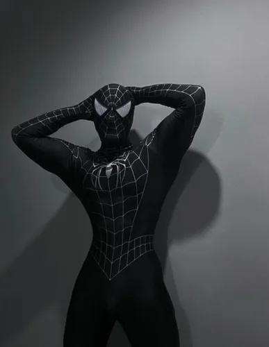 Vista 5 de PEFGRP El disfraz de superhéroe negro de Halloween está hecho de tela de elastano, transpirable y elástica