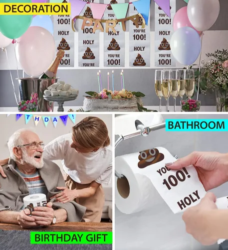 Vista 5 de Papel higiénico impreso TP para regalo de cumpleaños número 100 – Holy You're 100 Bday Party Funny Birthday Gag Gift Joke papel higiénico, novedad