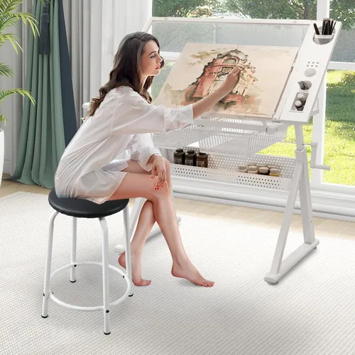 Vista 13 de Escritorio de mesa de dibujo ajustable en altura con taburete, parte superior de vidrio templado Blanco