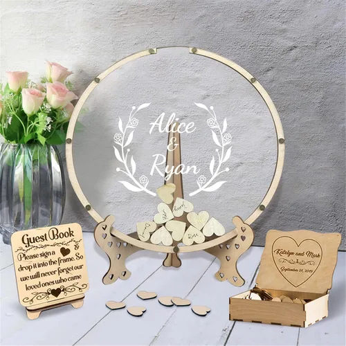 Vista 21 de Libro alternativo de corazón personalizado para libro de invitados con 30 a 100 corazones de madera, caja de madera personalizada para decoración