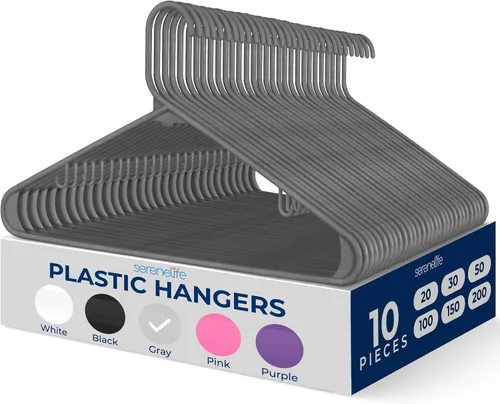 Vista 30 de SereneLife - Juego de 10 perchas de plástico con gancho de metal, color negro Non-Slip, Lightweight hangers with a slim profile help keep closets