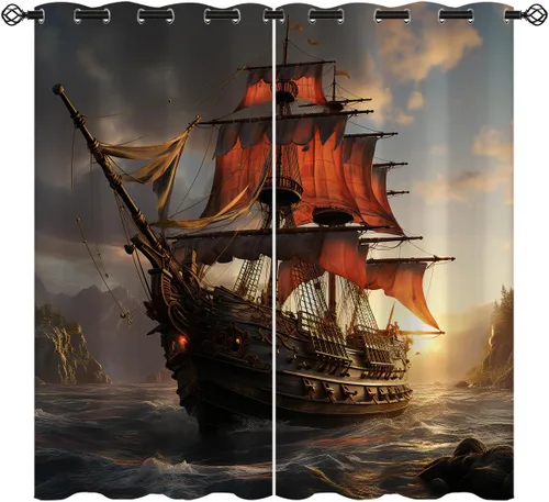 Vista 9 de Cortinas opacas de pulpo náutico para niñas y niños, decoración del hogar, con ojales de animales piratas del océano Kraken, cortinas