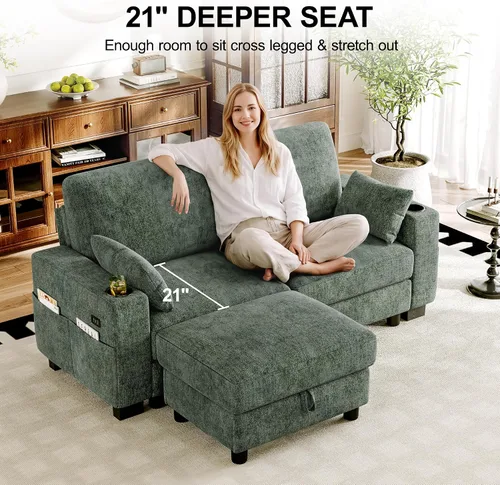 Vista 7 de Vipbear Sofá modular en forma de L de 72 pulgadas, cómodo sofá biplaza de felpilla de 2 plazas con otomana y almohadas móviles, sofá modular Verde